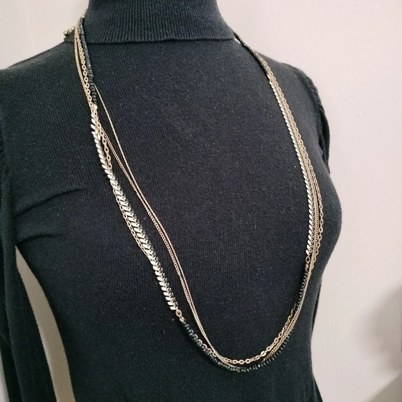 Chico's Gold Black White Gold Multi Strand Beaded Boho Statement Necklace 38" - Picture 5 of 5